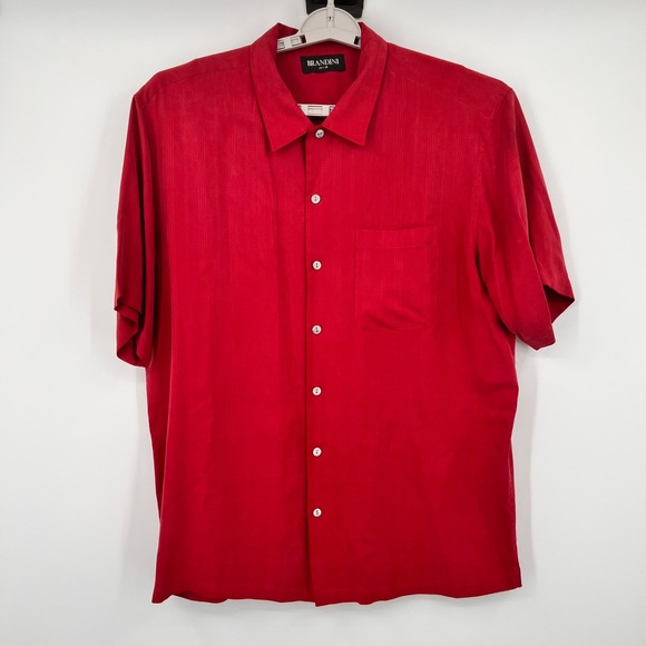 Brandini Other - Brandini Mens Red 100% Pure Silk Short‎ Sleeve Button Down Camp Shirt Large